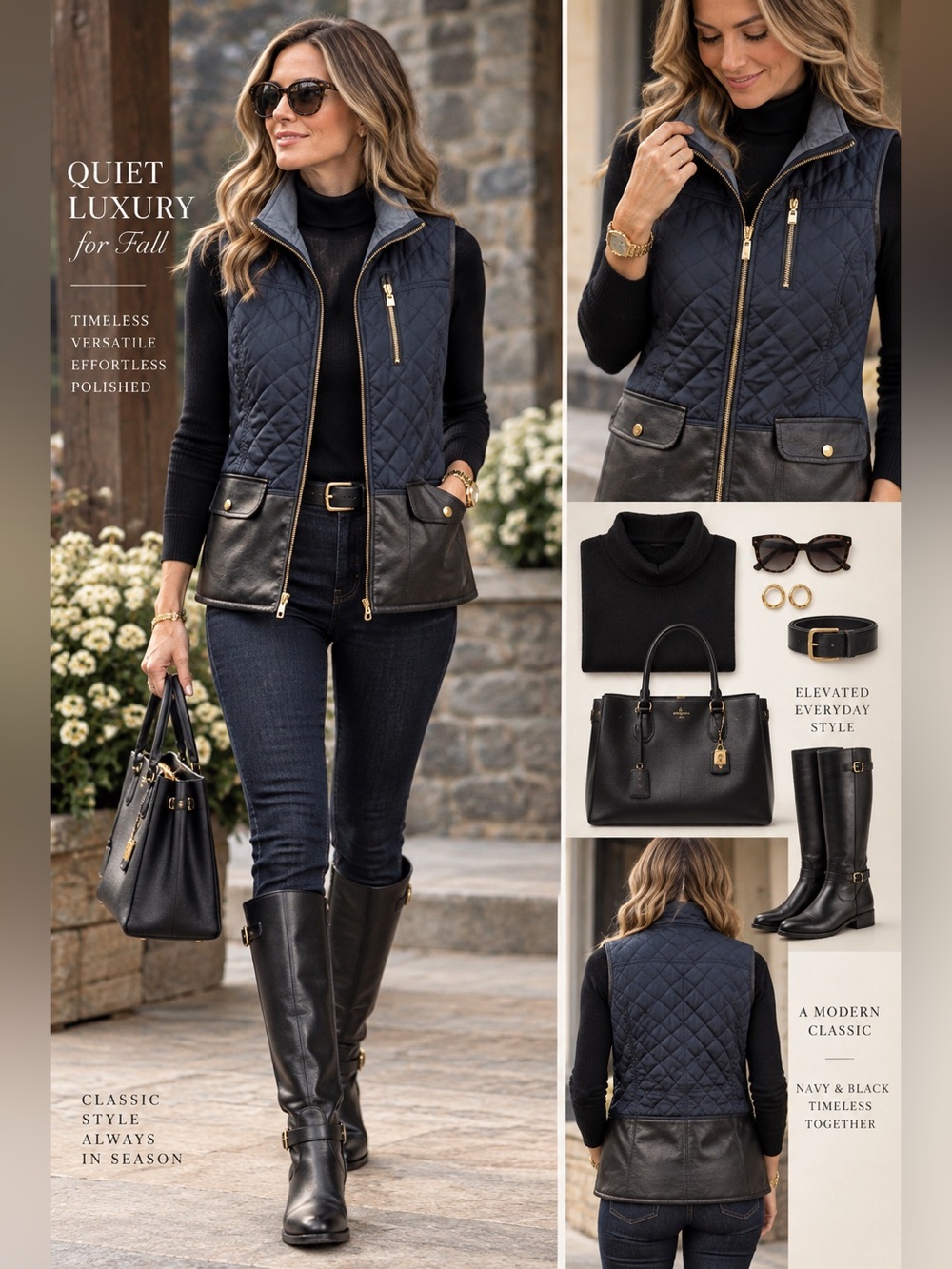 FDJ Quilted Navy Vest with Faux Leather Trim